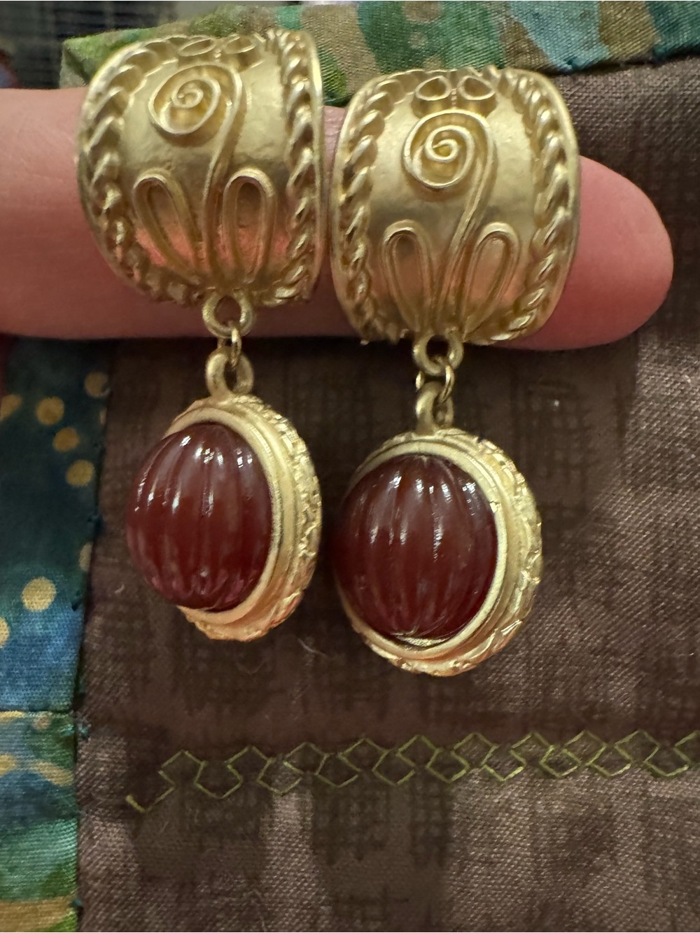 Vintage Gold-Tone Drop Earrings with Deep Red Cabochons